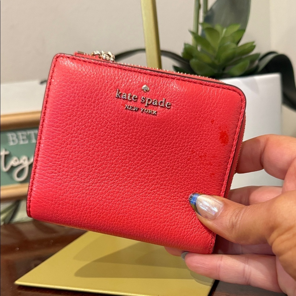 Kate Spade Vibrant Red Wallet Pink square card coin purse designer bifold - Picture 2 of 8